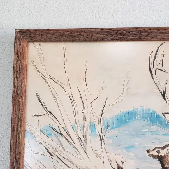 Vintage Deer Racoon Watercolor Painting Framed